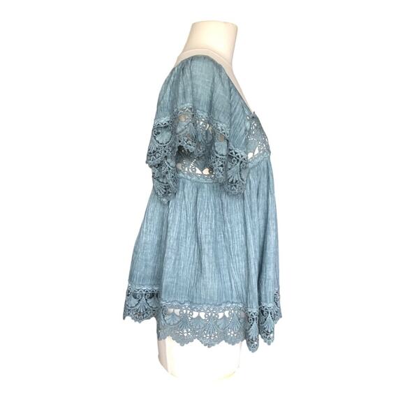 POL Square Neck Puff Sleeve Crochet Details Flowy Blouse Small NWOT - Picture 3 of 10